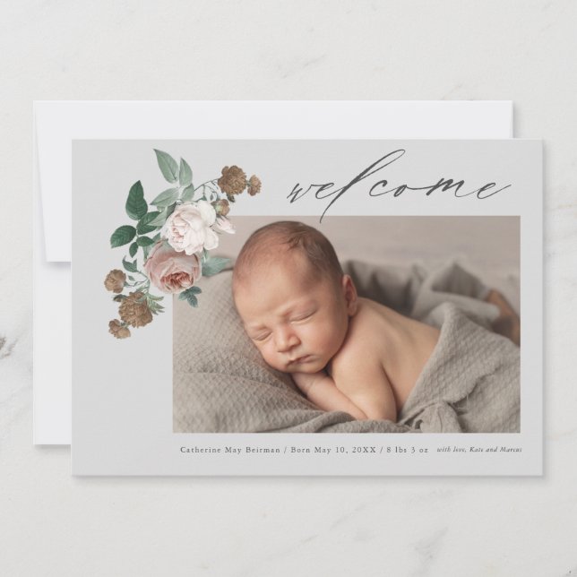 Faire-part de naissance avec photo de bébé fleuri  (Devant)