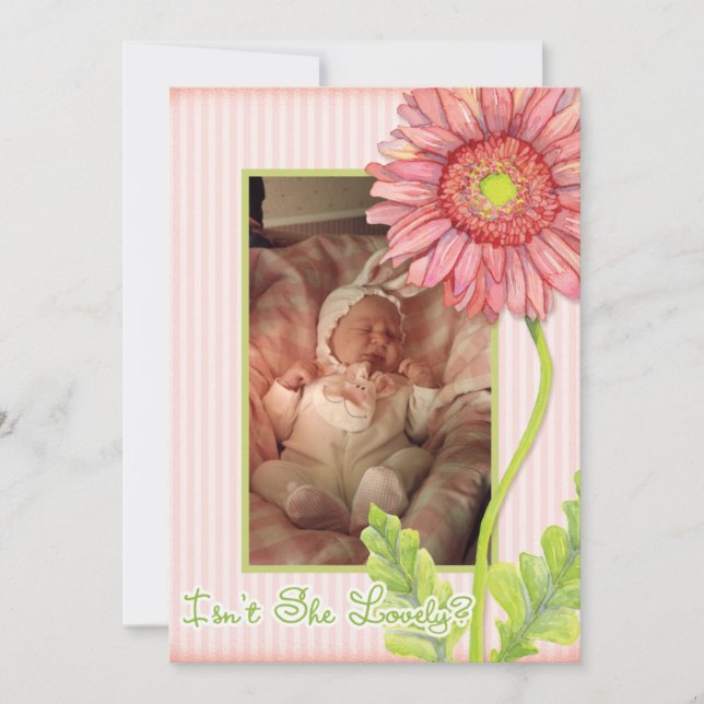 Faire-part de naissance avec photo de gerbera rose (Devant)