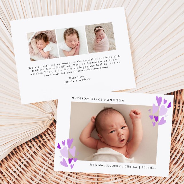 Faire-part de naissance avec photo et coeurs viole (Créateur téléchargé)