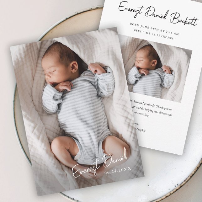 Faire-part de naissance avec photo et nom en écrit (Simple Script Baby Photo Brith Announcement Thank You Card.)