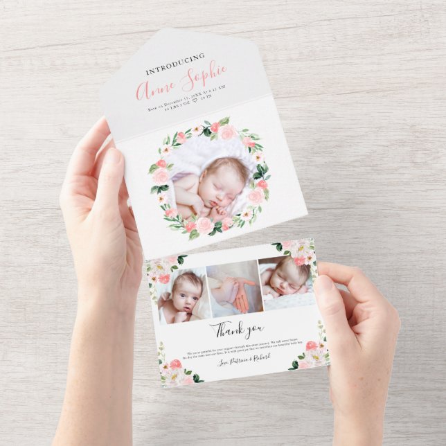 Faire-part de naissance avec photo florale et cart (Déchirure)