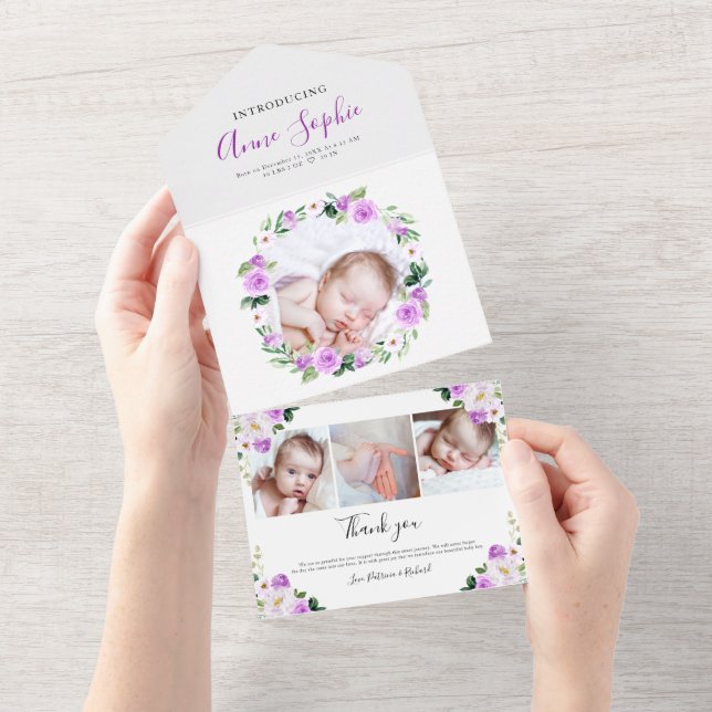 Faire-part de naissance avec photo florale et cart (Déchirure)
