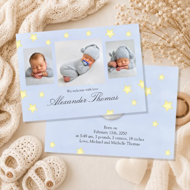 Faire-part de naissance avec une comptine de nurse (Personalized baby boy birth announcement with three cherished newborn photos.)