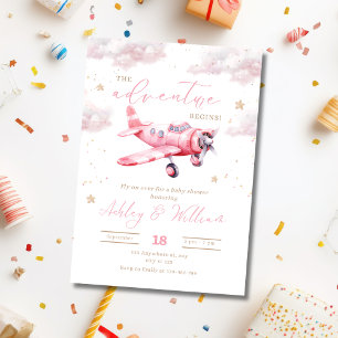 Faire-part de naissance avion, Fille Baby Shower