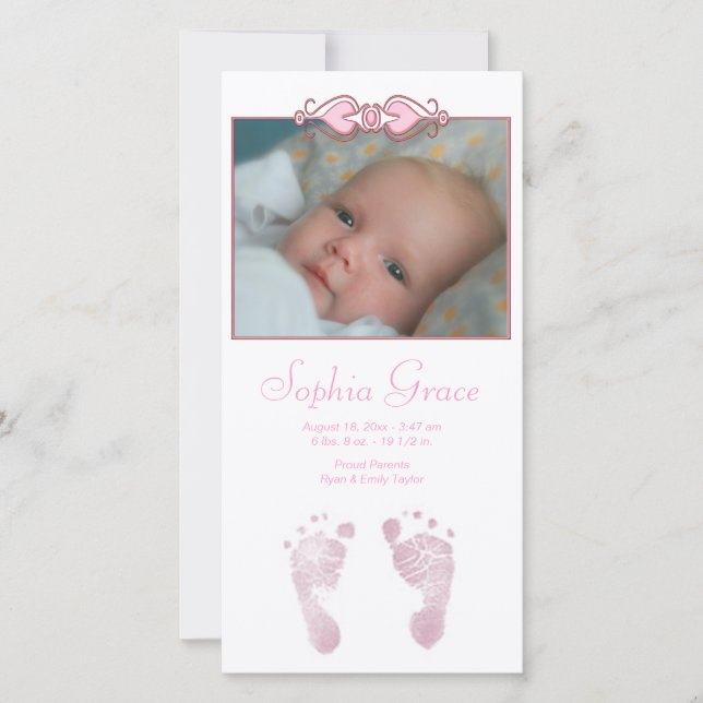 Faire-part de naissance Baby Girl Pink Footprints (Devant)