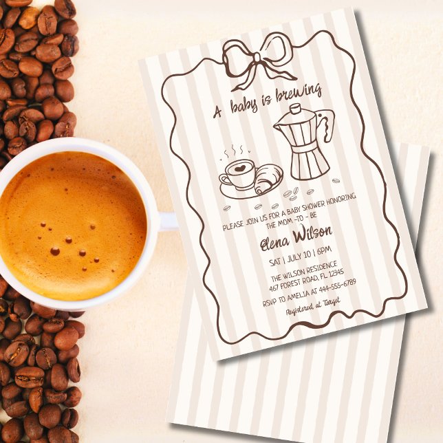 Faire-part de naissance Baby is Brewing Café à des (Coffee baby shower invitation with hand-drawn moka pot, coffee cup, wavy frame, and bow)