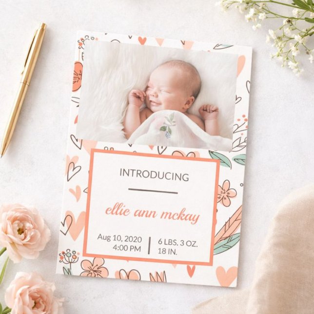 Faire-part de naissance Bébé à coeur floral rose e (Créateur téléchargé)
