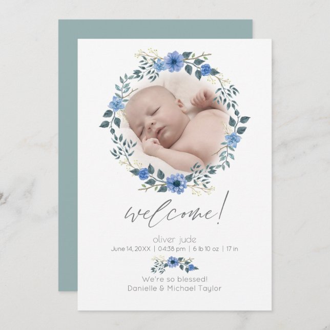 Faire-part de naissance bébé | Aquarelle Bleu Flor (Devant / Derrière)