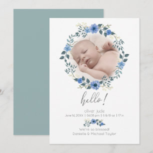 Faire-part de naissance bébé   Aquarelle Bleu Flor