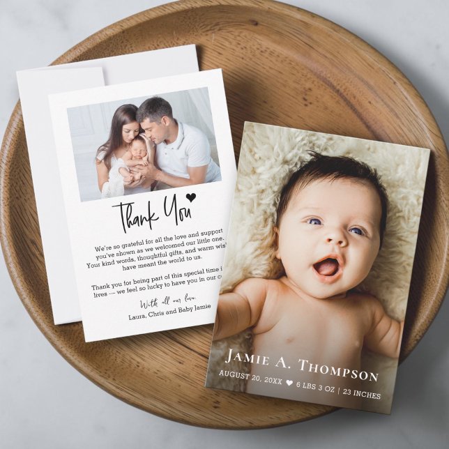 Faire-part de Naissance Bébé avec Nom et Photos Pe (Modern Small note thank you card custom photo baby shower birth announcement.)