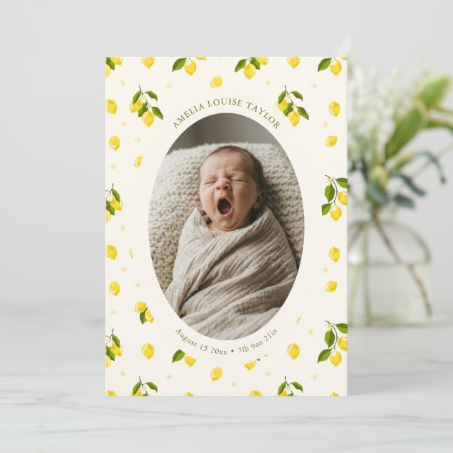 Faire-part de naissance bébé avec photo ovale et c (Debout devant)