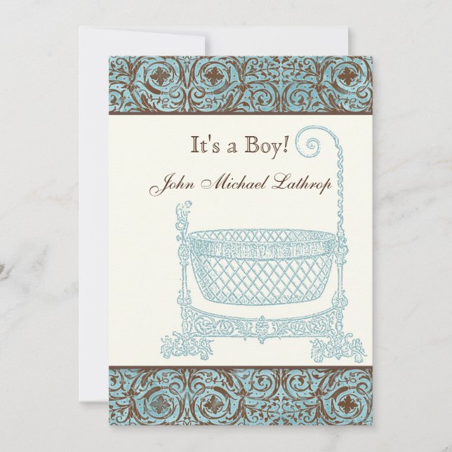 Faire-part de naissance bébé - Bleu Brown Damask B (Devant)