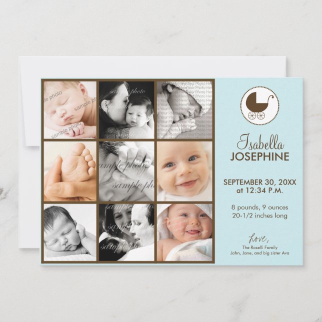 Faire-part de naissance bébé bleu collage photo 5x (Devant)