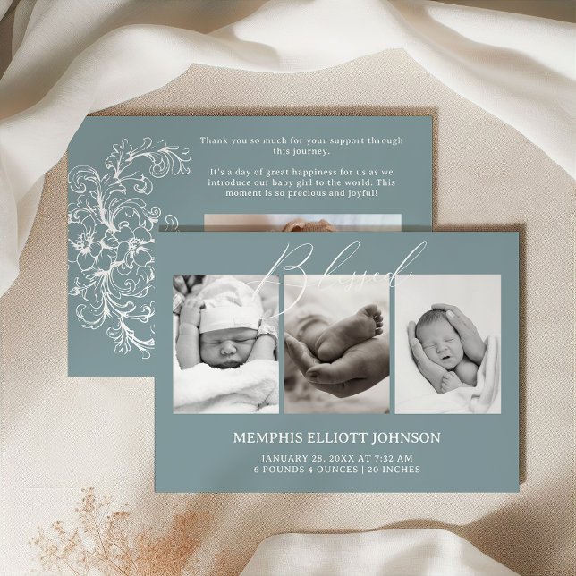 Faire-part de naissance bébé bleu floral intempore (Créateur téléchargé)