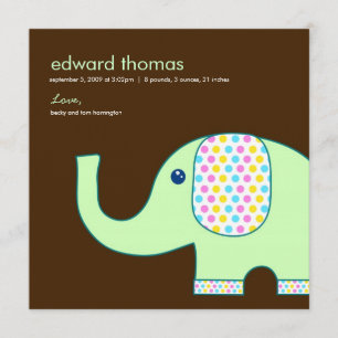 Faire-part de naissance bébé éléphant, Brown et ve