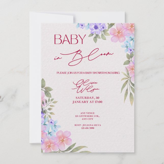 Faire-Part de Naissance Bébé en Fleur Aquarelle (Devant)