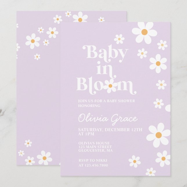 Faire-part de naissance Bébé en Fleur violet Daisy (Devant / Derrière)