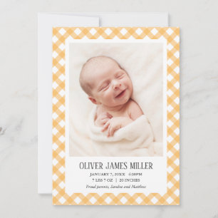 Faire-part de naissance bébé En vichy jaune Carte 