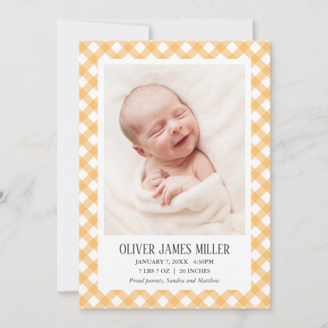 Faire-part de naissance bébé En vichy jaune Carte  (Devant)