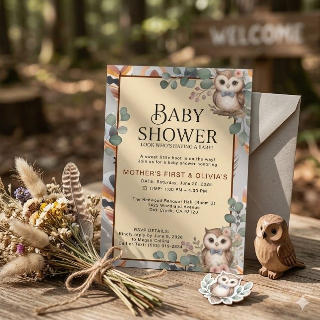 Faire-part de naissance Bébé Fille Bohème Chouette (Créateur téléchargé)