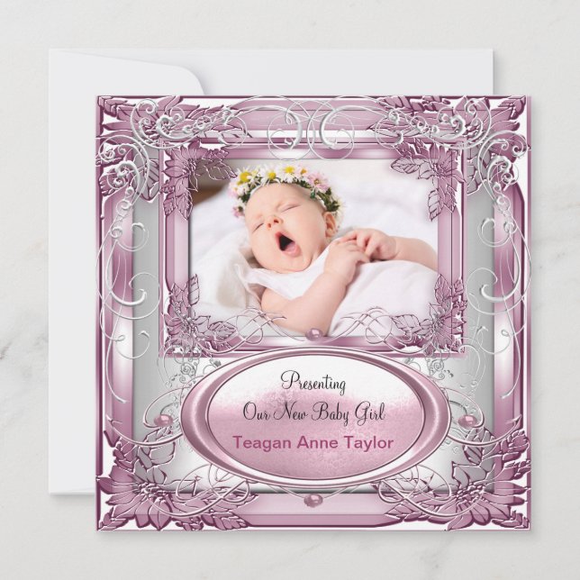 Faire-part de naissance Bébé Fille Rose Argent (Devant)