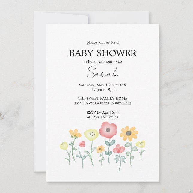 Faire-part de naissance bébé fleurs aquarelle (Devant)