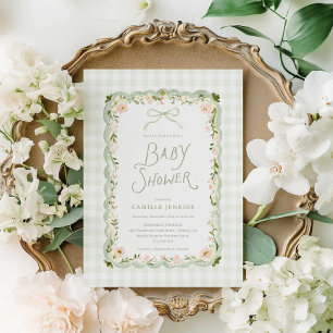 Faire-part de naissance bébé floral Gingham vert