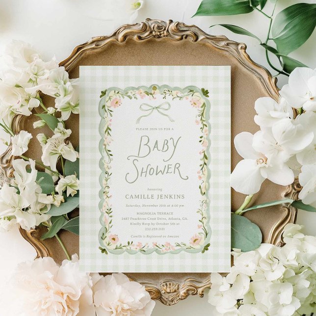 Faire-part de naissance bébé floral Gingham vert (Elegant Sage Green Gingham Baby Shower Invitation)