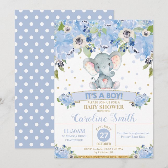 Faire-part de naissance bébé garçon à l'éléphant f (Devant / Derrière)