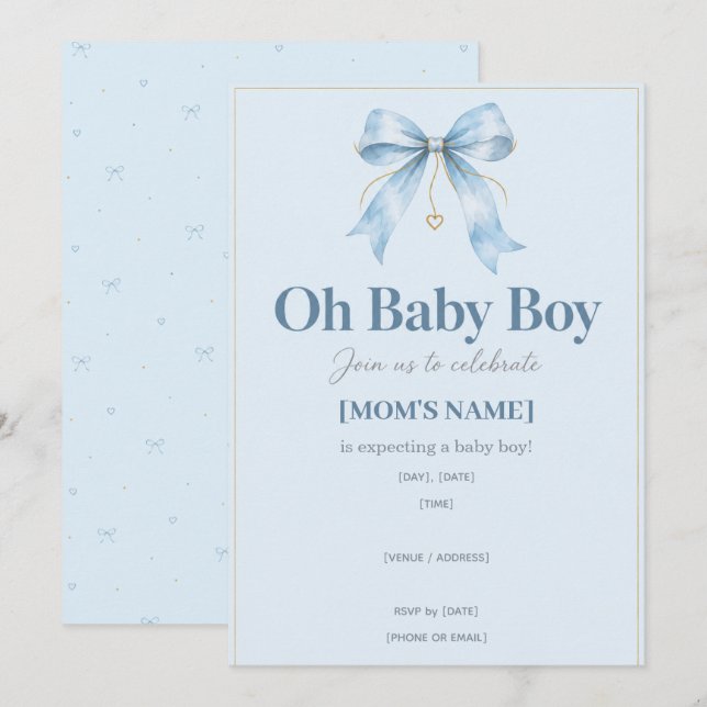 Faire-part de naissance bébé garçon Dusty Blue Bow (Devant / Derrière)