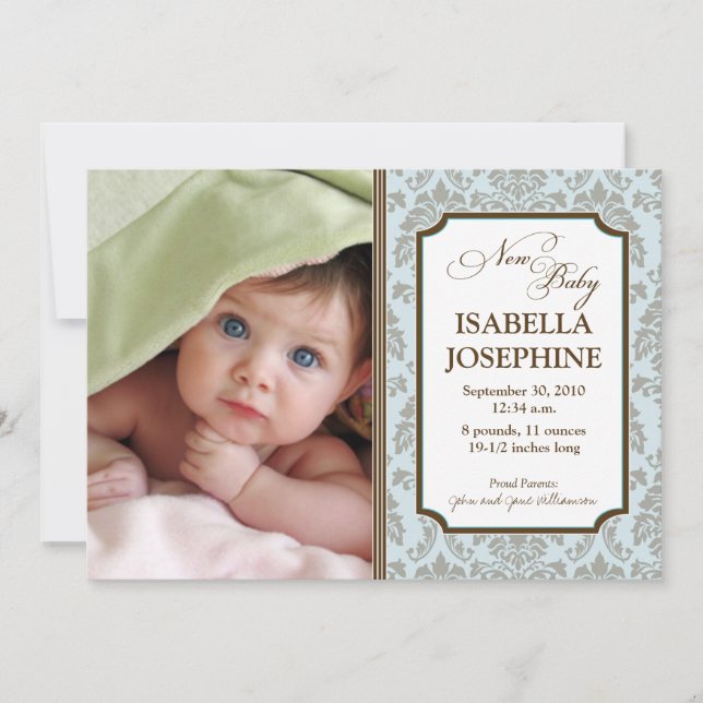 Faire-part de naissance bébé motif baroque (bleu) (Devant)