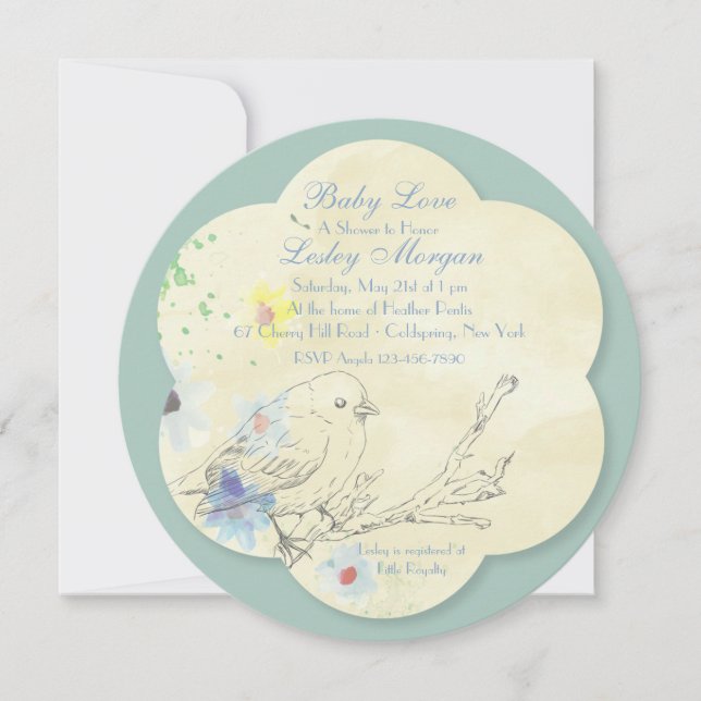 Faire-part de naissance bébé oiseau aquarelle BL (Devant)