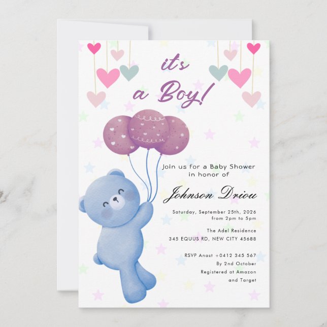 faire-part de naissance bébé ours en peluche ballo (Devant)
