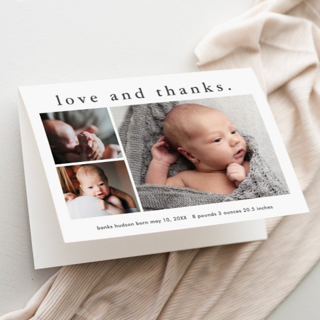 Faire-part de naissance bébé photo Love and Thanks (3 Photo Collage Folded Baby Thank You Card and Birth Announcement.)
