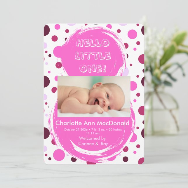 Faire-part de naissance Bébé pois rose (Debout devant)