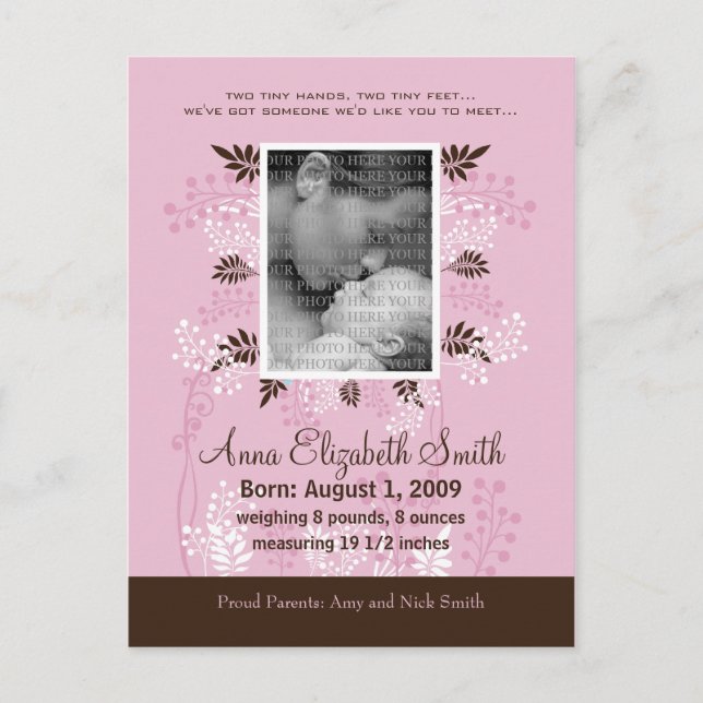 Faire-part de naissance bébé Rose avec fougère au  (Devant)
