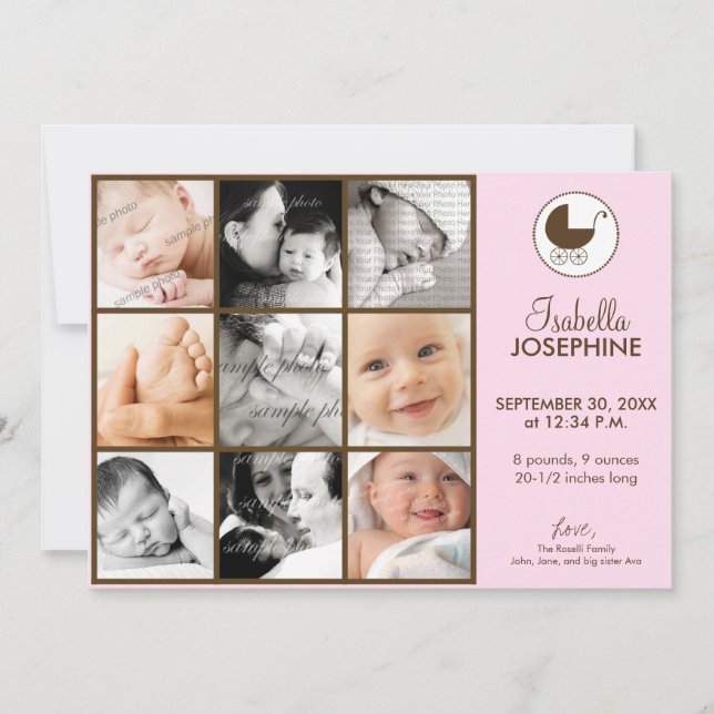 Faire-part de naissance bébé rose en collage photo (Devant)