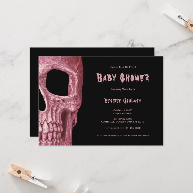 Faire-part de naissance bébé rose poussiéreux goth (Devant/Arrière en situation)