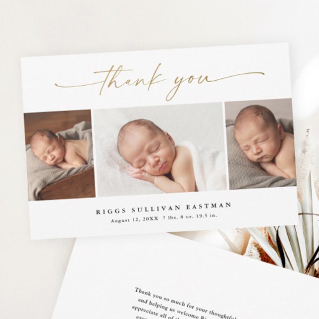 Faire-part de naissance Bébé Script Budget 3 Photo (Elegant gold script 3 photo collage baby budget thank you card birth announcement.)