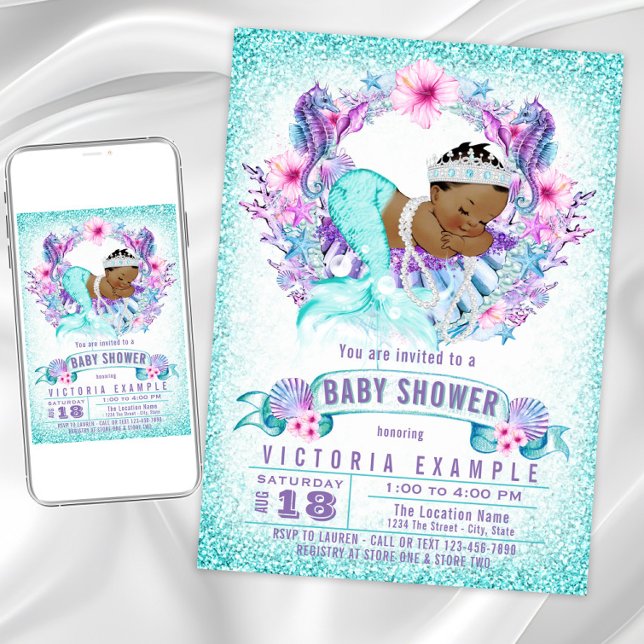 Faire-part de naissance bébé sirène ethnique (Adorable mermaid baby shower invitation. Instant download and printed invitations available.)