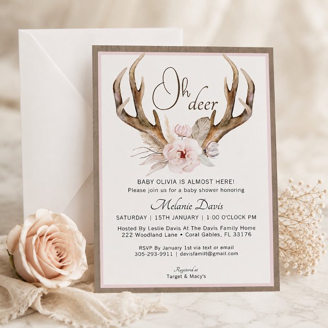 Faire-part de naissance biche rustique pour bébé (Rustic Antler Baby Shower Invitation)