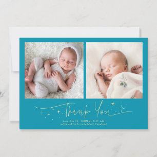 Faire-part de naissance bleu aqua Merci Script