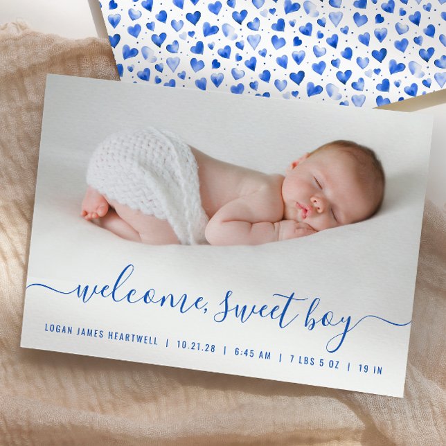 Faire-part de naissance bleu avec écriture à la ma (Créateur téléchargé)