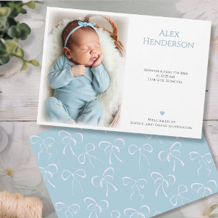 Faire-part de naissance bleu Bows Photo Blanc Garç