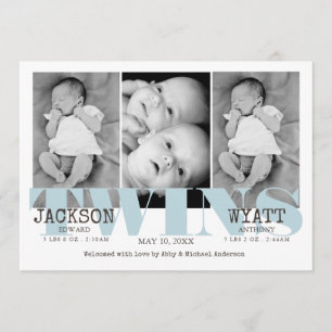 Faire-part de naissance bleu de jumeaux de bébés