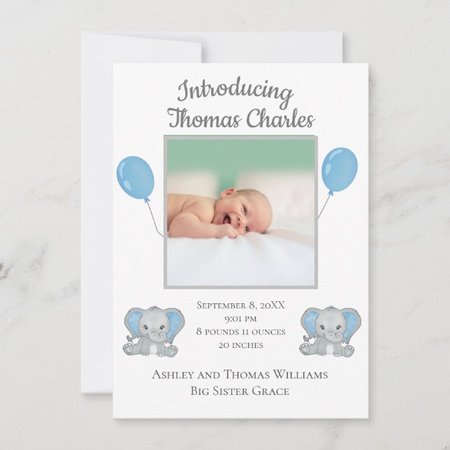 Faire-part de naissance bleu éléphants ballon pour (Devant)