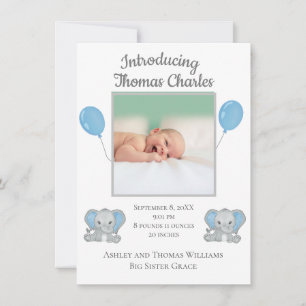 Faire-part de naissance bleu éléphants ballon pour