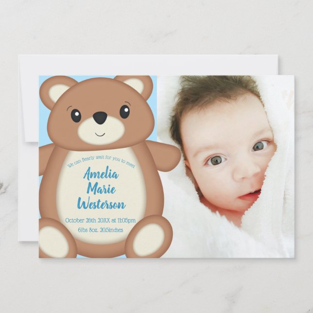 Faire-part de naissance bleu Teddy Bear (Devant)