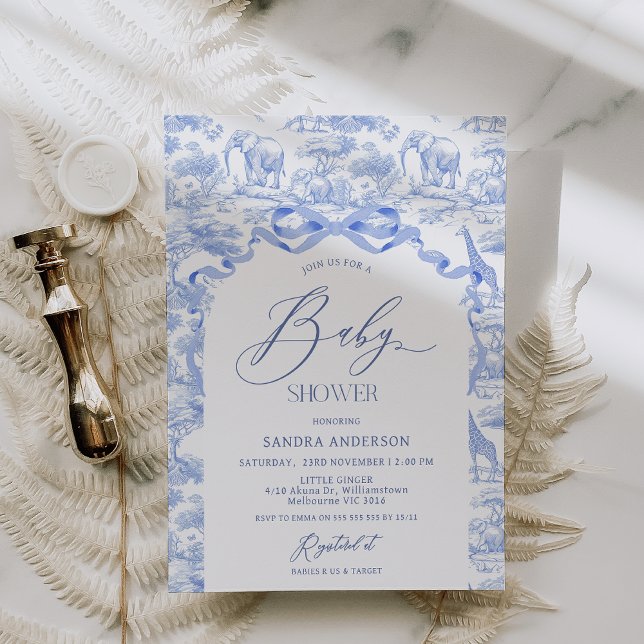 Faire-part de naissance bleu Toile De Jouy pour ga (Safari Baby Shower Invitation BLUE, Toile Shower Invite,Toile De Jouy Blue Baby Shower Invitation)
