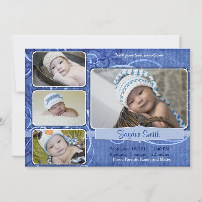 Faire-part de naissance bleu tourbillonnant (Devant)